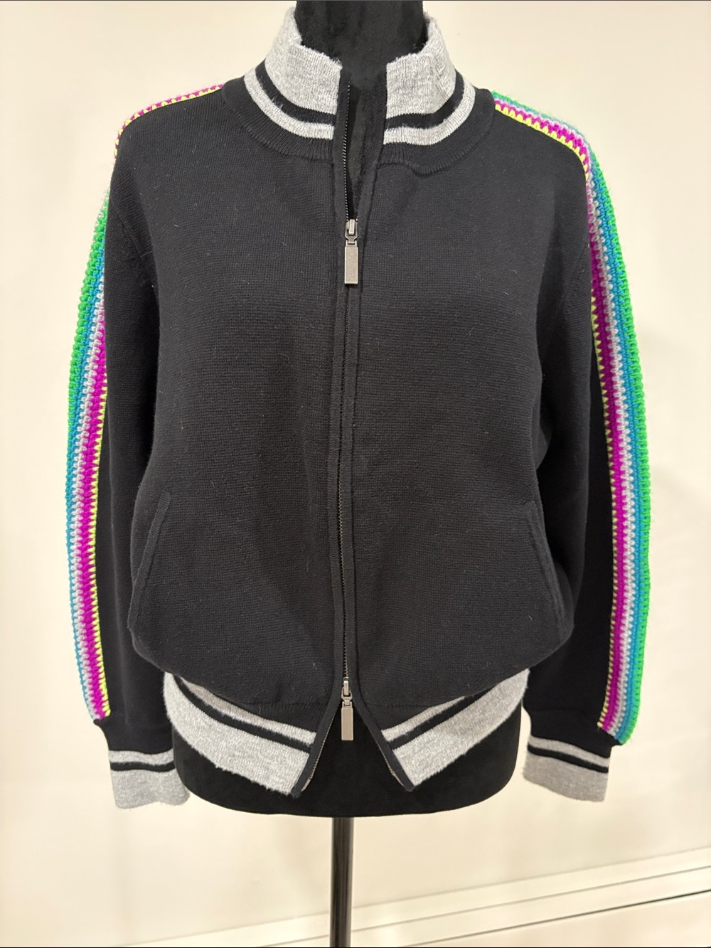 Lisa Todd Black Zip-Front Sweater Bomber Jacket Style with Crochet Stripes